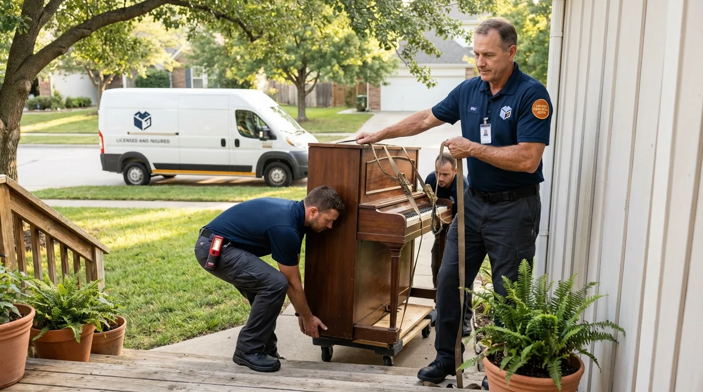 Licensed piano movers securing grand piano in Lolo, MT
