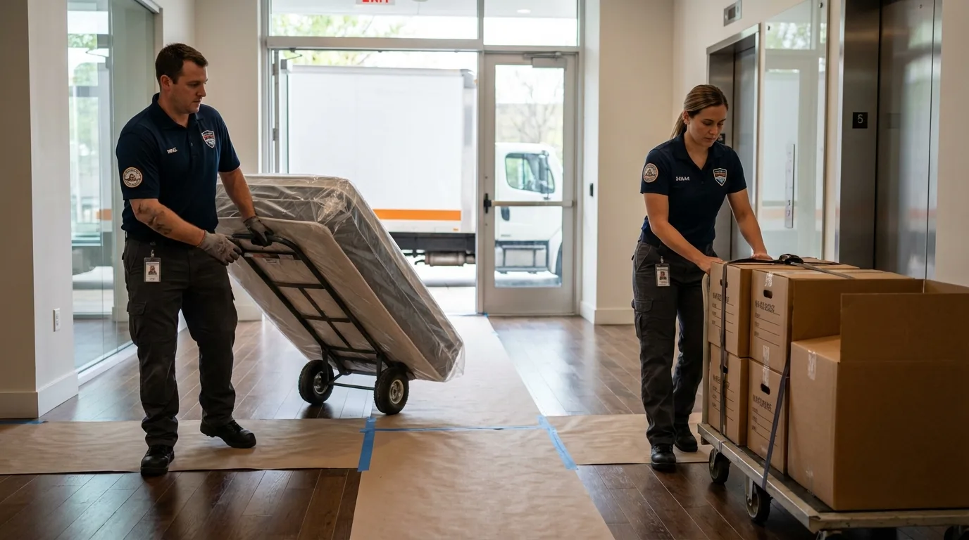 Professional apartment movers loading elevator in Lolo, MT
